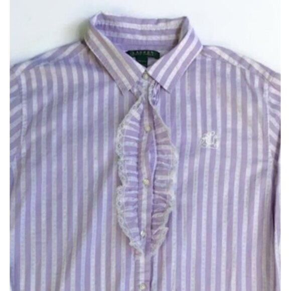 VTG Ralph Lauren Night Gown Sleep Shirt M Lavender Stripe Pocket Designer Lounge - Picture 2 of 8